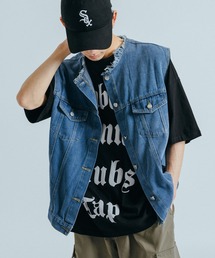 オーバーサイズ ノーカラーデニムベスト