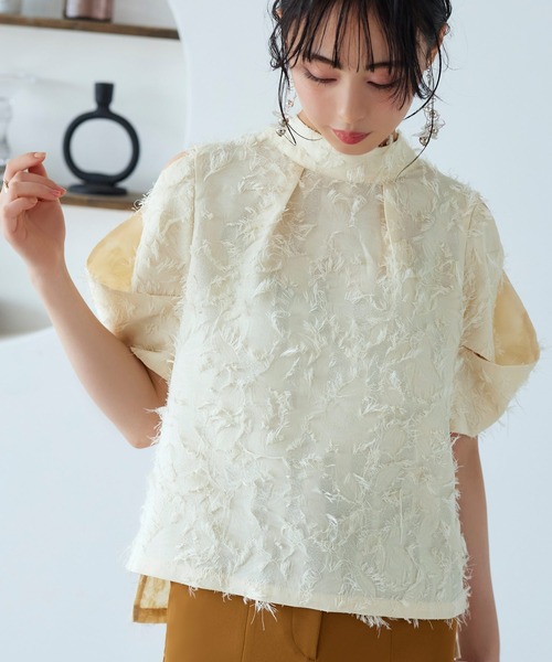 カットジャカードトップス ｜ 半袖 ハイネック トップス 体型カバー オフィスカジュアル 肩あき 通勤服 華やか ブラウス（シャツ/ブラウス）｜RUIRUE BOUTIQUE（ルイルエブティック）
