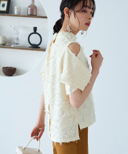 カットジャカードトップス ｜ 半袖 ハイネック トップス 体型カバー オフィスカジュアル 肩あき 通勤服 華やか ブラウス（シャツ/ブラウス）｜RUIRUE BOUTIQUE（ルイルエブティック）