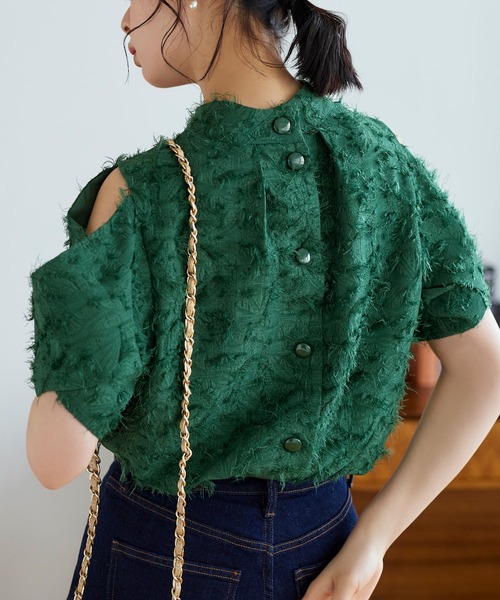 カットジャカードトップス ｜ 半袖 ハイネック トップス 体型カバー オフィスカジュアル 肩あき 通勤服 華やか ブラウス（シャツ/ブラウス）｜RUIRUE BOUTIQUE（ルイルエブティック）