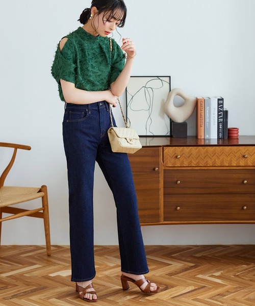 カットジャカードトップス ｜ 半袖 ハイネック トップス 体型カバー オフィスカジュアル 肩あき 通勤服 華やか ブラウス（シャツ/ブラウス）｜RUIRUE BOUTIQUE（ルイルエブティック）