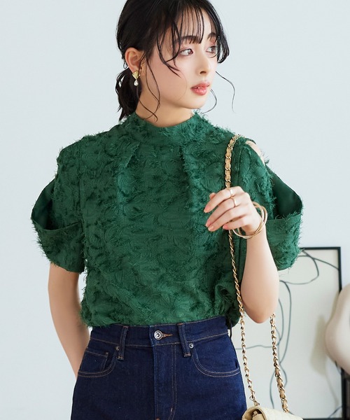 カットジャカードトップス ｜ 半袖 ハイネック トップス 体型カバー オフィスカジュアル 肩あき 通勤服 華やか ブラウス（シャツ/ブラウス）｜RUIRUE BOUTIQUE（ルイルエブティック）