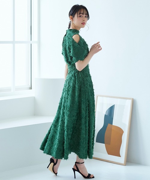 カットジャカードトップス ｜ 半袖 ハイネック トップス 体型カバー オフィスカジュアル 肩あき 通勤服 華やか ブラウス（シャツ/ブラウス）｜RUIRUE BOUTIQUE（ルイルエブティック）