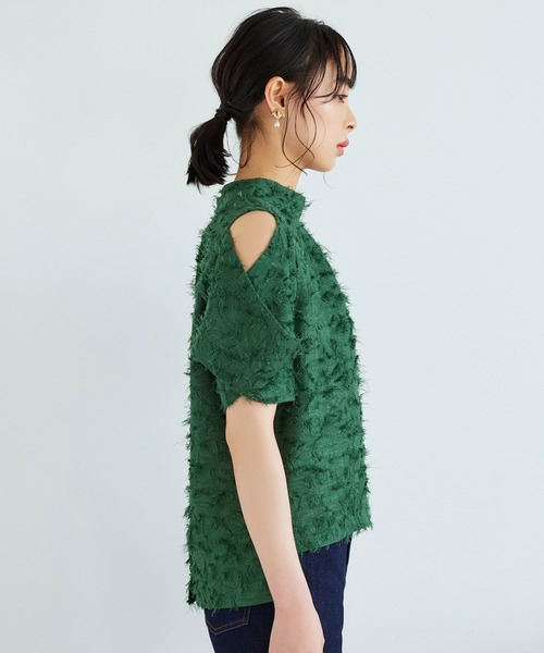カットジャカードトップス ｜ 半袖 ハイネック トップス 体型カバー オフィスカジュアル 肩あき 通勤服 華やか ブラウス（シャツ/ブラウス）｜RUIRUE BOUTIQUE（ルイルエブティック）