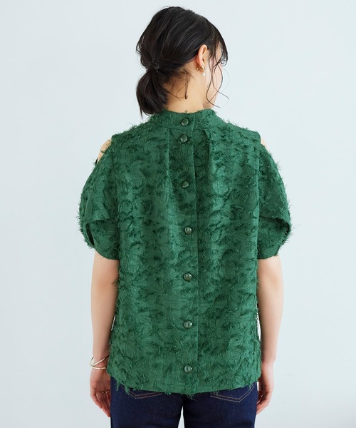 カットジャカードトップス ｜ 半袖 ハイネック トップス 体型カバー オフィスカジュアル 肩あき 通勤服 華やか ブラウス（シャツ/ブラウス）｜RUIRUE BOUTIQUE（ルイルエブティック）