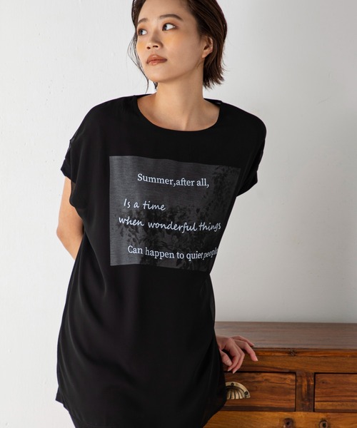 MILLION CARATS（ミリオンカラッツ）の「シアーとの二重仕立てが新鮮な3DフレンチスリーブTシャツ（Tシャツ/カットソー・レディース・オフホワイト/ブラック/グリーン・FREE）」の2枚目の写真