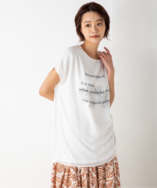 MILLION CARATS（ミリオンカラッツ）の「シアーとの二重仕立てが新鮮な3DフレンチスリーブTシャツ（Tシャツ/カットソー・レディース・オフホワイト/ブラック/グリーン・FREE）」の4枚目の写真