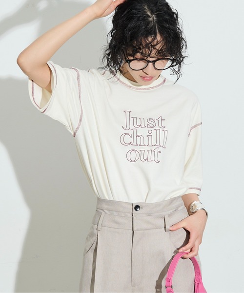 THE YOn(ザヨン)の「“Just Chill Out”配色ステッチプリントTシャツ(Tシャツ/カットソー・レディース・アイボリー/サックスブルー/チャコールグレー・FREE)」の6枚目の写真