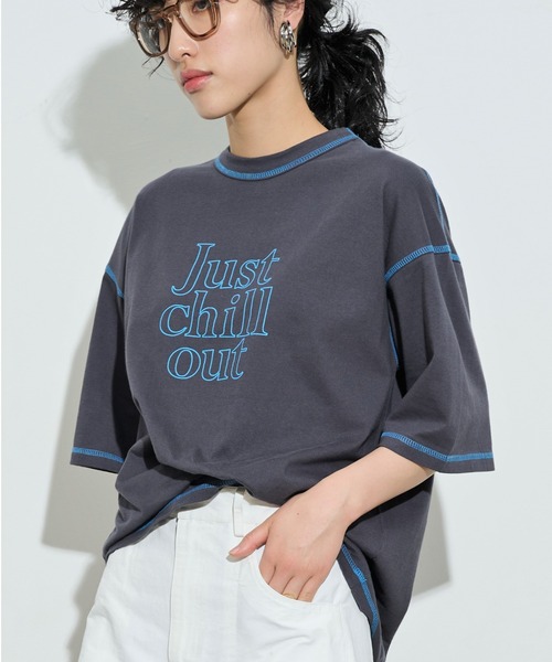 THE YOn(ザヨン)の「“Just Chill Out”配色ステッチプリントTシャツ(Tシャツ/カットソー・レディース・アイボリー/サックスブルー/チャコールグレー・FREE)」の20枚目の写真