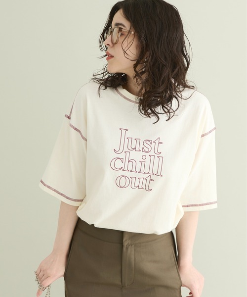 THE YOn(ザヨン)の「“Just Chill Out”配色ステッチプリントTシャツ(Tシャツ/カットソー・レディース・アイボリー/サックスブルー/チャコールグレー・FREE)」の12枚目の写真