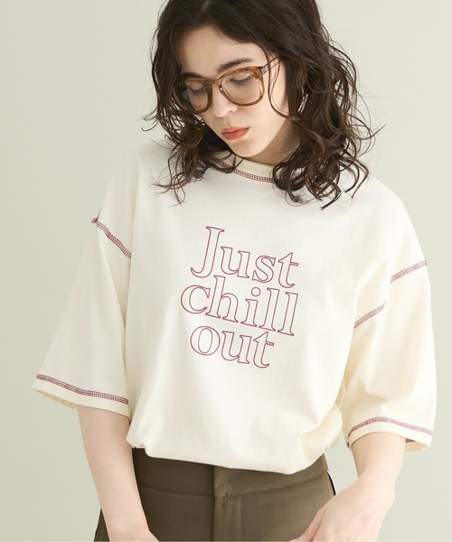 THE YOn(ザヨン)の「“Just Chill Out”配色ステッチプリントTシャツ(Tシャツ/カットソー・レディース・アイボリー/サックスブルー/チャコールグレー・FREE)」の14枚目の写真