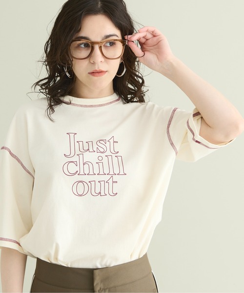 THE YOn(ザヨン)の「“Just Chill Out”配色ステッチプリントTシャツ(Tシャツ/カットソー・レディース・アイボリー/サックスブルー/チャコールグレー・FREE)」の17枚目の写真