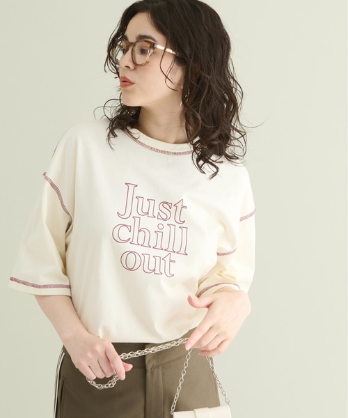 THE YOn(ザヨン)の「“Just Chill Out”配色ステッチプリントTシャツ(Tシャツ/カットソー・レディース・アイボリー/サックスブルー/チャコールグレー・FREE)」の16枚目の写真