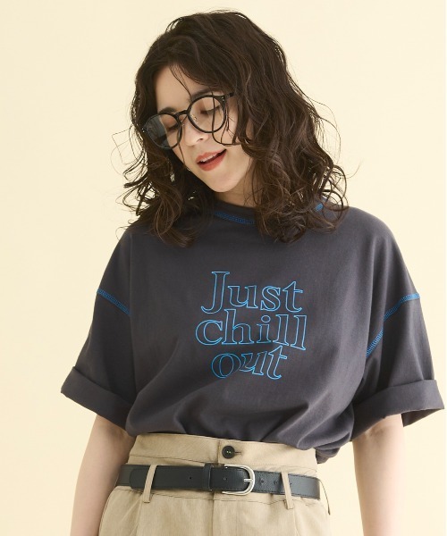 THE YOn(ザヨン)の「“Just Chill Out”配色ステッチプリントTシャツ(Tシャツ/カットソー・レディース・アイボリー/サックスブルー/チャコールグレー・FREE)」の22枚目の写真