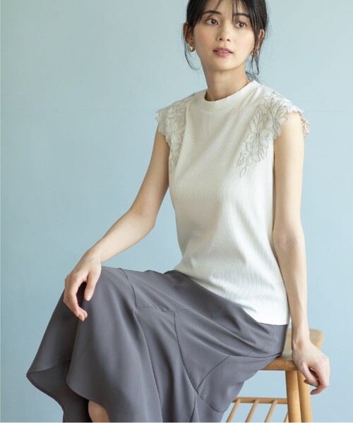 index（インデックス）の「◆レーススリーブトップス【洗濯機洗い可】（Tシャツ/カットソー・レディース・ホワイト系/ライトグレー/ブラック・36/38/42/40）」の8枚目の写真