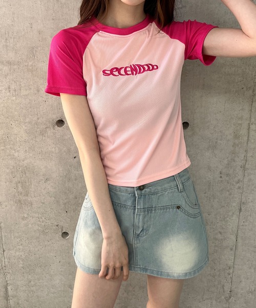 セール】ラグラン配色ロゴ刺繍ちびTシャツ（Tシャツ/カットソー