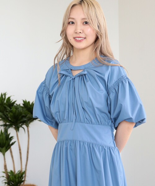 レイビームス Ray BEAMS ワンピース 青 ブルー パフスリーブ 刺繍 レイビームス Ray BEAMS ワンピース 青 ブルー パフスリーブ