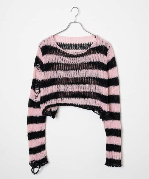 WEGO（ウィゴー）の「WEGO/【一部店限定】ボーダーダメージショートニット（ニット/セーター・レディース・グレー/ピンク/ホワイト・FREE）」の16枚目の写真