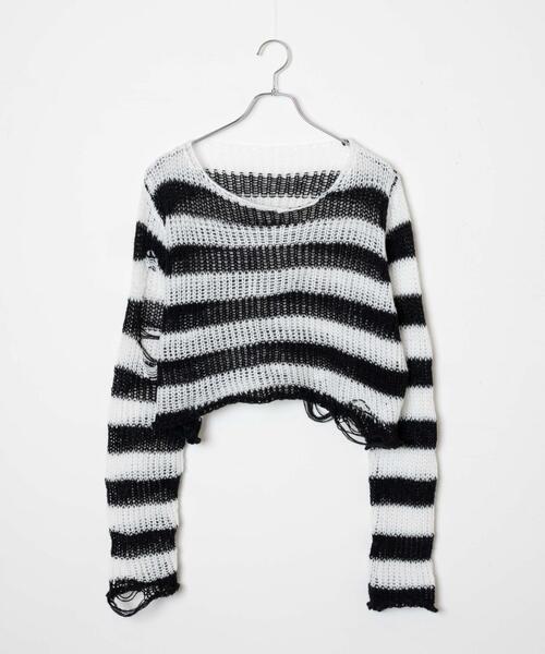 WEGO（ウィゴー）の「WEGO/【一部店限定】ボーダーダメージショートニット（ニット/セーター・レディース・グレー/ピンク/ホワイト・FREE）」の14枚目の写真