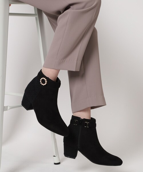 【セール】配色パール調ベルトツイードミドルヒールショートブーツ【ESPERANZA_blanca】（ブーツ）｜ESPERANZA（エスペランサ）