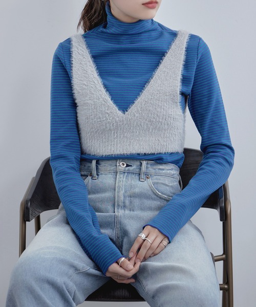 etoll.（エトル）の「Vネックシャギーニットビスチェ（ベスト・レディース・ブルー/グレー/ブラック・FREE）」の4枚目の写真