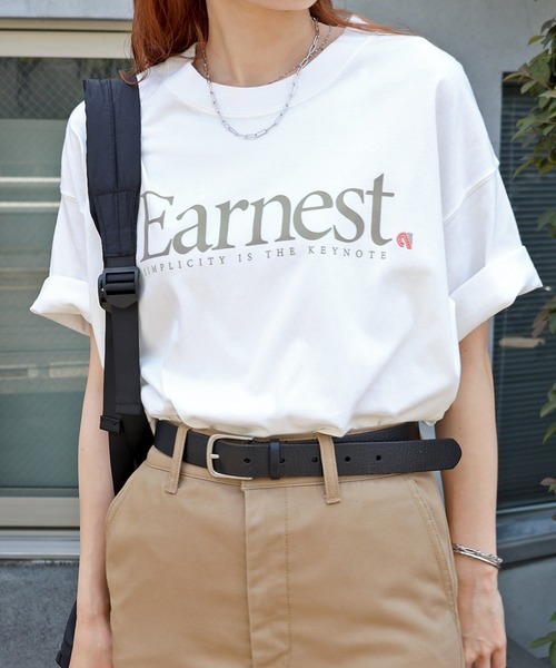 ANME(アンメ)の「【新色・新サイズ追加】Earnestロゴプリント半袖Tシャツ(Tシャツ/カットソー・レディース・オフホワイト/グレー/オートミール/グリーン/ネイビー/ホワイト系その他/グレー系その他・M/L/XL/XXL/S)」の3枚目の写真