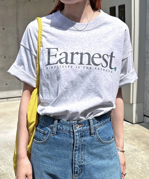 ANME(アンメ)の「【新色・新サイズ追加】Earnestロゴプリント半袖Tシャツ(Tシャツ/カットソー・レディース・オフホワイト/グレー/オートミール/グリーン/ネイビー/ホワイト系その他/グレー系その他・M/L/XL/XXL/S)」の4枚目の写真