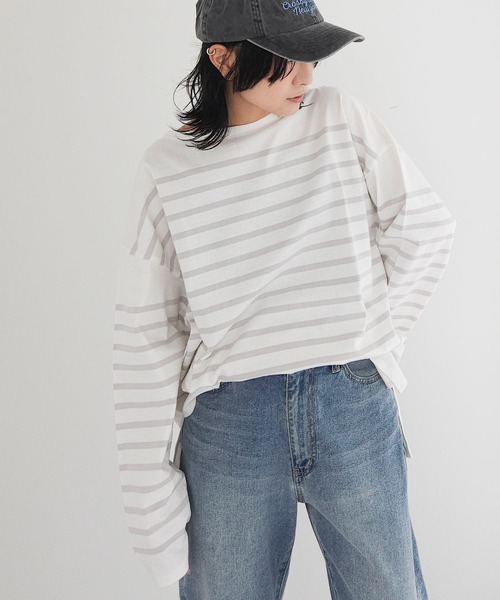 Green　Parks（グリーンパークス）の「パネルボーダーロンチュニック（チュニック・レディース・ブルー/ライトグレー/オレンジ/ネイビー・FREE）」の2枚目の写真