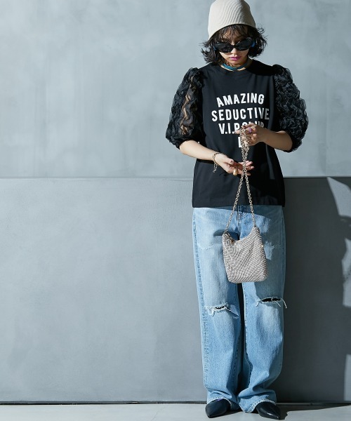 GEVS.（ジェイヴィス）の「フリル袖パフスリーブカットソートップス ＜大きいサイズ有＞GEVS.（Tシャツ/カットソー・レディース・アイボリー/ブラック・L/5L/4L/3L/LL/M）」の7枚目の写真