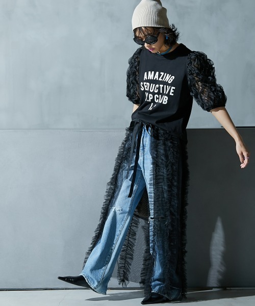 大きいサイズ レディース トップス  フリル袖パフスリーブカットソートップス GEVS. GEVS. tシャツ フリル袖パフスリーブカットソートップス