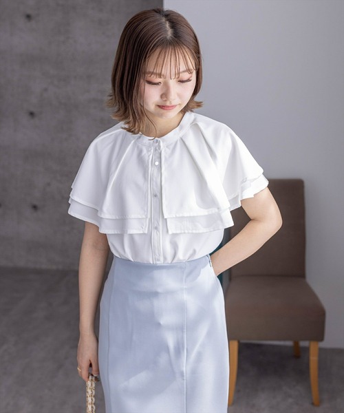 人気商品●オフィスルック、ケープブラウス、2色（22-444） オフィスカジュアル】配色ケープブラウス[品番：OLOW0014385