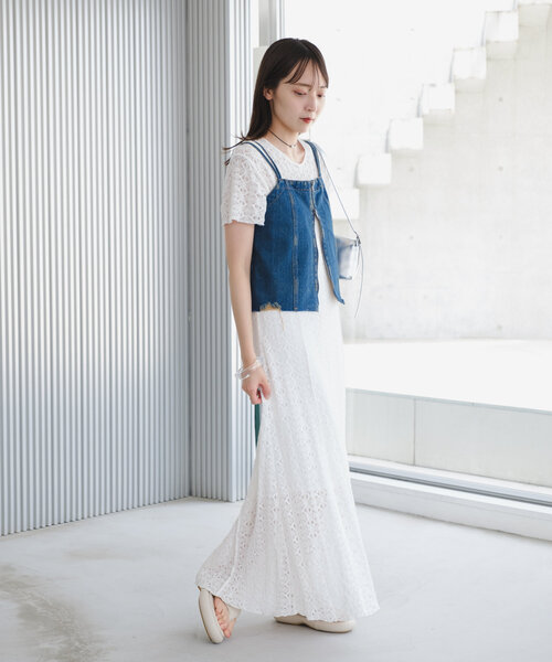 Kastane(カスタネ)の「*【2サイズ展開/セットアップ/前後2WAY】半袖レースワンピース(ワンピース・レディース・ブラック/グリーン/ホワイト・0/1)」の5枚目の写真