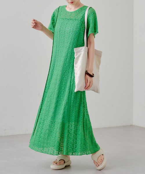 Kastane(カスタネ)の「*【2サイズ展開/セットアップ/前後2WAY】半袖レースワンピース(ワンピース・レディース・ブラック/グリーン/ホワイト・0/1)」の3枚目の写真