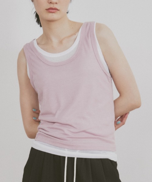 MERLOT（メルロー）の「【新色追加】フェイクレイヤードカラータンク（タンクトップ・レディース・ライトブルー/グレー/ネイビー/ブラウン/レッド/ピンク・FREE）」の5枚目の写真
