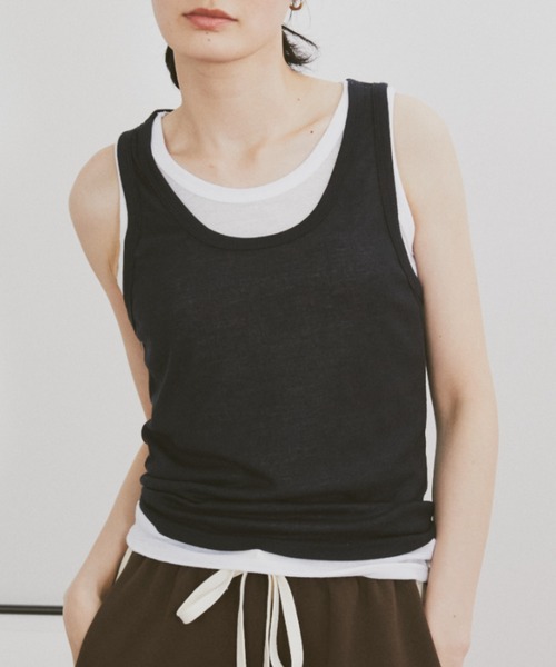 MERLOT（メルロー）の「【新色追加】フェイクレイヤードカラータンク（タンクトップ・レディース・ライトブルー/グレー/ネイビー/ブラウン/レッド/ピンク・FREE）」の8枚目の写真