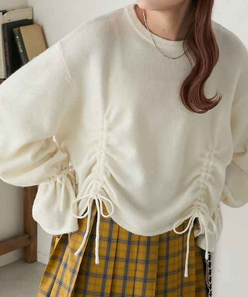 BONLECILL(ボンルシール)の「もちもちドロストリボンキャンディスリーブニット(ニット/セーター・レディース・チャコールグレー/オフホワイト/ブラック・FREE)」の2枚目の写真