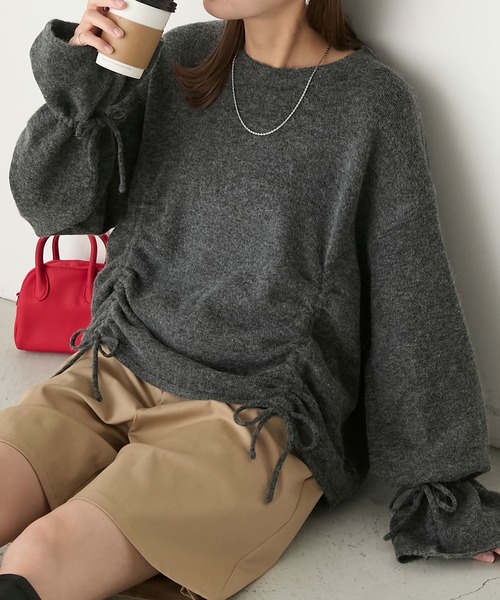 BONLECILL(ボンルシール)の「もちもちドロストリボンキャンディスリーブニット(ニット/セーター・レディース・チャコールグレー/オフホワイト/ブラック・FREE)」の1枚目の写真