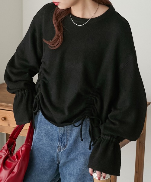 BONLECILL(ボンルシール)の「もちもちドロストリボンキャンディスリーブニット(ニット/セーター・レディース・チャコールグレー/オフホワイト/ブラック・FREE)」の3枚目の写真