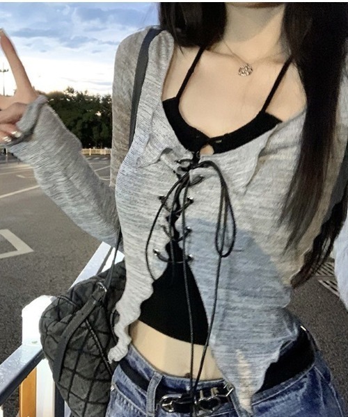 almo(アルモ)の「レースアップカットソーセット(BQ)(Tシャツ/カットソー・レディース・グレー/ブルー・FREE)」の4枚目の写真