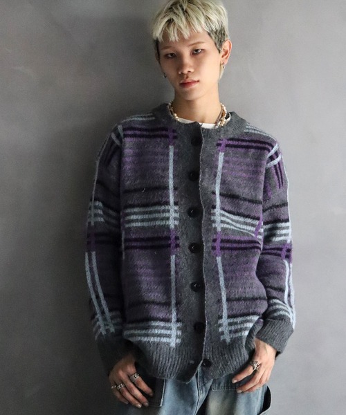 BARELY BLUE(ベアリーブルー)の「【 BARELY BLUE / ベアリーブルー 】 オーバーサイズ チェック ニット カーディガン / UNISEX(ニット/セーター・メンズ・カーキ/グレー・FREE)」の14枚目の写真