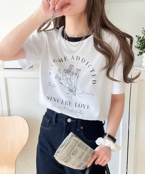 classicalelf(クラシカルエルフ)の「トレンドのディテールが魅力。シルケットフラワーカーブロゴリンガー半袖Tシャツ(Tシャツ/カットソー・レディース・ホワイト×ブラウン/ホワイト×ブルー/ホワイト×ブラック/ブラック×グレー/グリーン系その他/ピンク・LARGE/MEDIUM/SMALL/X-LARGE)」の3枚目の写真