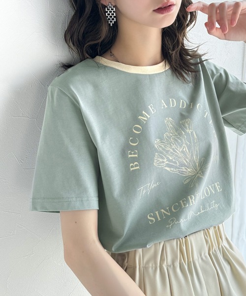 classicalelf(クラシカルエルフ)の「トレンドのディテールが魅力。シルケットフラワーカーブロゴリンガー半袖Tシャツ(Tシャツ/カットソー・レディース・ホワイト×ブラウン/ホワイト×ブルー/ホワイト×ブラック/ブラック×グレー/グリーン系その他/ピンク・LARGE/MEDIUM/SMALL/X-LARGE)」の5枚目の写真