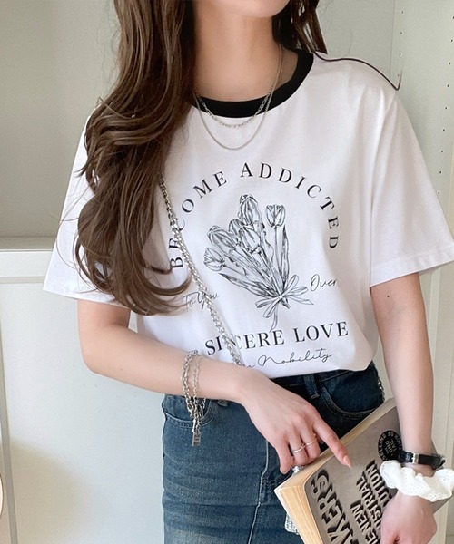 classicalelf(クラシカルエルフ)の「トレンドのディテールが魅力。シルケットフラワーカーブロゴリンガー半袖Tシャツ(Tシャツ/カットソー・レディース・ホワイト×ブラウン/ホワイト×ブルー/ホワイト×ブラック/ブラック×グレー/グリーン系その他/ピンク・LARGE/MEDIUM/SMALL/X-LARGE)」の8枚目の写真