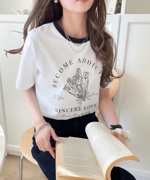classicalelf(クラシカルエルフ)の「トレンドのディテールが魅力。シルケットフラワーカーブロゴリンガー半袖Tシャツ(Tシャツ/カットソー・レディース・ホワイト×ブラウン/ホワイト×ブルー/ホワイト×ブラック/ブラック×グレー/グリーン系その他/ピンク・LARGE/MEDIUM/SMALL/X-LARGE)」の7枚目の写真