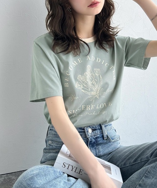 classicalelf(クラシカルエルフ)の「トレンドのディテールが魅力。シルケットフラワーカーブロゴリンガー半袖Tシャツ(Tシャツ/カットソー・レディース・ホワイト×ブラウン/ホワイト×ブルー/ホワイト×ブラック/ブラック×グレー/グリーン系その他/ピンク・LARGE/MEDIUM/SMALL/X-LARGE)」の22枚目の写真