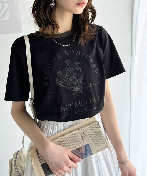 classicalelf(クラシカルエルフ)の「トレンドのディテールが魅力。シルケットフラワーカーブロゴリンガー半袖Tシャツ(Tシャツ/カットソー・レディース・ホワイト×ブラウン/ホワイト×ブルー/ホワイト×ブラック/ブラック×グレー/グリーン系その他/ピンク・LARGE/MEDIUM/SMALL/X-LARGE)」の18枚目の写真