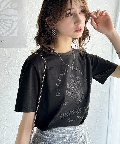 classicalelf(クラシカルエルフ)の「トレンドのディテールが魅力。シルケットフラワーカーブロゴリンガー半袖Tシャツ(Tシャツ/カットソー・レディース・ホワイト×ブラウン/ホワイト×ブルー/ホワイト×ブラック/ブラック×グレー/グリーン系その他/ピンク・LARGE/MEDIUM/SMALL/X-LARGE)」の21枚目の写真