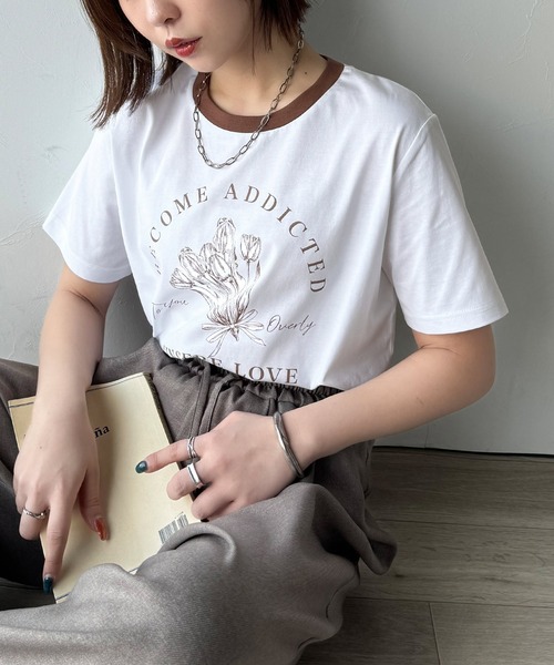 classicalelf(クラシカルエルフ)の「トレンドのディテールが魅力。シルケットフラワーカーブロゴリンガー半袖Tシャツ(Tシャツ/カットソー・レディース・ホワイト×ブラウン/ホワイト×ブルー/ホワイト×ブラック/ブラック×グレー/グリーン系その他/ピンク・LARGE/MEDIUM/SMALL/X-LARGE)」の12枚目の写真