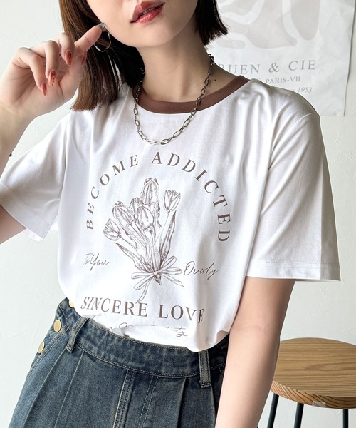classicalelf(クラシカルエルフ)の「トレンドのディテールが魅力。シルケットフラワーカーブロゴリンガー半袖Tシャツ(Tシャツ/カットソー・レディース・ホワイト×ブラウン/ホワイト×ブルー/ホワイト×ブラック/ブラック×グレー/グリーン系その他/ピンク・LARGE/MEDIUM/SMALL/X-LARGE)」の9枚目の写真