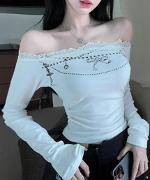 ジュエリープリント オフショルレースロンT